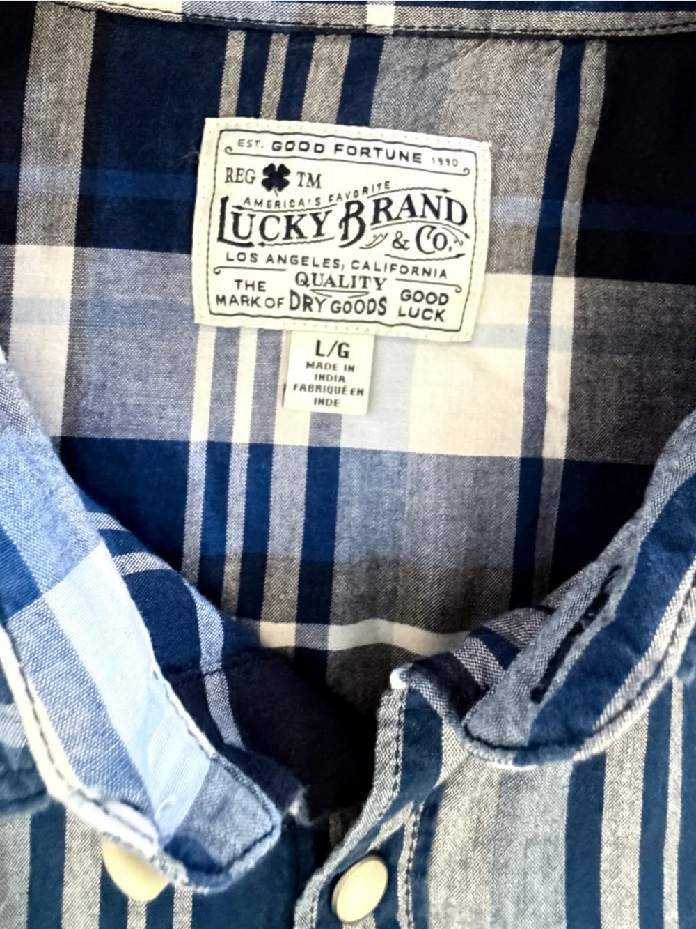 Lucky Brand Mens L Blue Plaid Short Sleeve Western Yoke Button Down Shirt